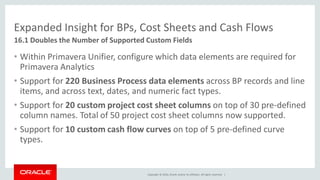 Copyright © 2016, Oracle and/or its affiliates. All rights reserved. |
Expanded Insight for BPs, Cost Sheets and Cash Flows
• Within Primavera Unifier, configure which data elements are required for
Primavera Analytics
• Support for 220 Business Process data elements across BP records and line
items, and across text, dates, and numeric fact types.
• Support for 20 custom project cost sheet columns on top of 30 pre-defined
column names. Total of 50 project cost sheet columns now supported.
• Support for 10 custom cash flow curves on top of 5 pre-defined curve
types.
16.1 Doubles the Number of Supported Custom Fields
 