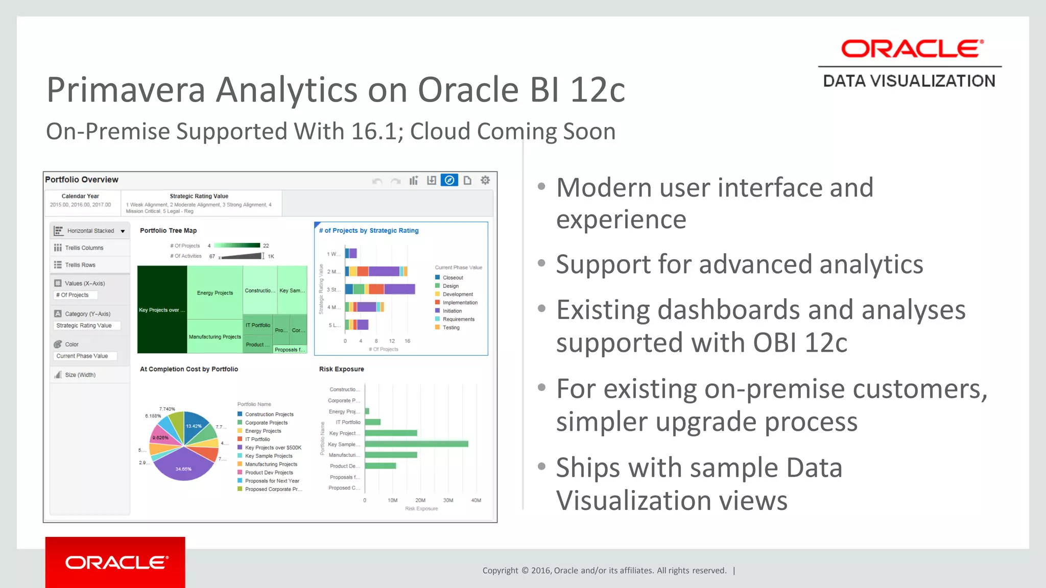 Copyright © 2016, Oracle and/or its affiliates. All rights reserved. |
• Modern user interface and
experience
• Support for advanced analytics
• Existing dashboards and analyses
supported with OBI 12c
• For existing on-premise customers,
simpler upgrade process
• Ships with sample Data
Visualization views
Primavera Analytics on Oracle BI 12c
On-Premise Supported With 16.1; Cloud Coming Soon
 