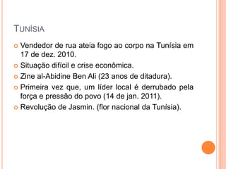 TunísiaVendedor de rua ateia fogo ao corpo na Tunísia em 17 de dez. 2010.Situação difícil e crise econômica.Zine al-Abidine Ben Ali (23 anos de ditadura).Primeira vez que, um líder local é derrubado pela força e pressão do povo (14 de jan. 2011).Revolução de Jasmin. (flor nacional da Tunísia).