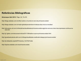 Referências Bibliográficas
Almanaque Abril 2012. Págs. 24, 74 e75.

http://blogs.estadao.com.br/olhar-sobre-o-mundo/um-ano-de-primavera-arabe/

http://blogs.estadao.com.br/radar-global/para-lembrar-imolacao-deu-inicio-a-revoltas/

http://educacao.uol.com.br/disciplinas/atualidades/primavera-arabe-egipcios-vao-as-urnas-mas-repressao-continua-na-
      siria.htm

http://g1.globo.com/educacao/noticia/2011/08/saiba-o-que-e-primavera-arabe.html

http://guiadoestudante.abril.com.br/blogs/atualidades-vestibular/category/primavera-arabe/

http://pt.wikipedia.org/wiki/Primavera_%C3%81rabe

http://topicos.estadao.com.br/primavera-arabe
 