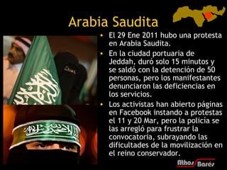 Arabia Saudita
    • El 29 Ene 2011 hubo una protesta
      en Arabia Saudita.
    • En la ciudad portuaria de
      Jedda...