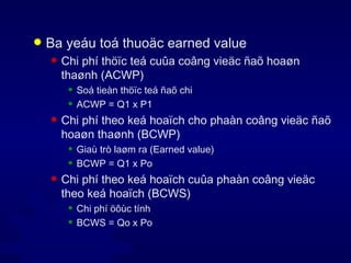 Ba yeáu toá thuoäc earned value Chi phí thöïc teá cuûa coâng vieäc ñaõ hoaøn thaønh (ACWP) Soá tieàn thöïc teá ñaõ chi ACWP = Q1 x P1 Chi phí theo keá hoaïch cho phaàn coâng vieäc ñaõ hoaøn thaønh (BCWP) Giaù trò laøm ra (Earned value) BCWP = Q1 x Po Chi phí theo keá hoaïch cuûa phaàn coâng vieäc theo keá hoaïch (BCWS) Chi phí öôùc tính BCWS = Qo x Po 