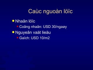 Caùc nguoàn löïc Nhaân löïc Coâng nhaân: USD 30/ngaøy Nguyeân vaät lieäu Gaïch: USD 10/m2 