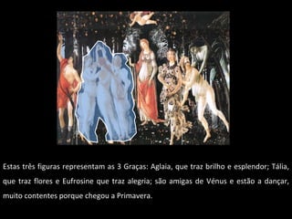 Estas três figuras representam as 3 Graças: Aglaia, que traz brilho e esplendor; Tália, que traz flores e Eufrosine que traz alegria; são amigas de Vénus e estão a dançar, muito contentes porque chegou a Primavera.  