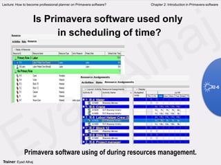 Lecture: How to become professional planner on Primavera software? Chapter 2: Introduction in Primavera software
Is Primavera software used only
in scheduling of time?
2-6
Trainer: Eyad Alhaj
Primavera software using of during resources management.
 