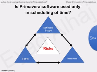 Schedule
Scope
Resources
Costs
Risks
Lecture: How to become professional planner on Primavera software? Chapter 2: Introduction in Primavera software
Is Primavera software used only
in scheduling of time?
2-9
Trainer: Eyad Alhaj
 