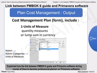 Lecture: How to become professional planner on Primavera software? Chapter 3: Link between PMBOK 6 guide and Primavera software
Admin
Admin Categories
Units of Measure.
Explained how the link between PMBOK 6 guide and Primavera software during
course of (how to become professional planner on Primavera software)
Link between PMBOK 6 guide and Primavera software
Plan Cost Management : Output
Cost Management Plan (form), include :
1-Units of Measure
quantity measures
or lump sum in currency
3-2
Trainer: Eyad Alhaj Date prepared: 1/6/2019
 