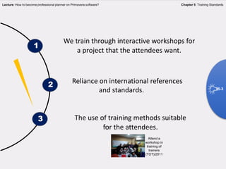 We train through interactive workshops for
a project that the attendees want.
1
2 Reliance on international references
and standards.
3 The use of training methods suitable
for the attendees.
Lecture: How to become professional planner on Primavera software? Chapter 5: Training Standards
Attend a
workshop in
training of
trainers
(TOT)/2011
5-3
 