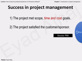 Success in project management
1) The project met scope, time and cost goals.
2) The project satisfied the customer/sponsor.
Source: PMI
Lecture: How to become professional planner on Primavera software? Chapter 1: Introduction in project management
1-4
Trainer: Eyad Alhaj
 