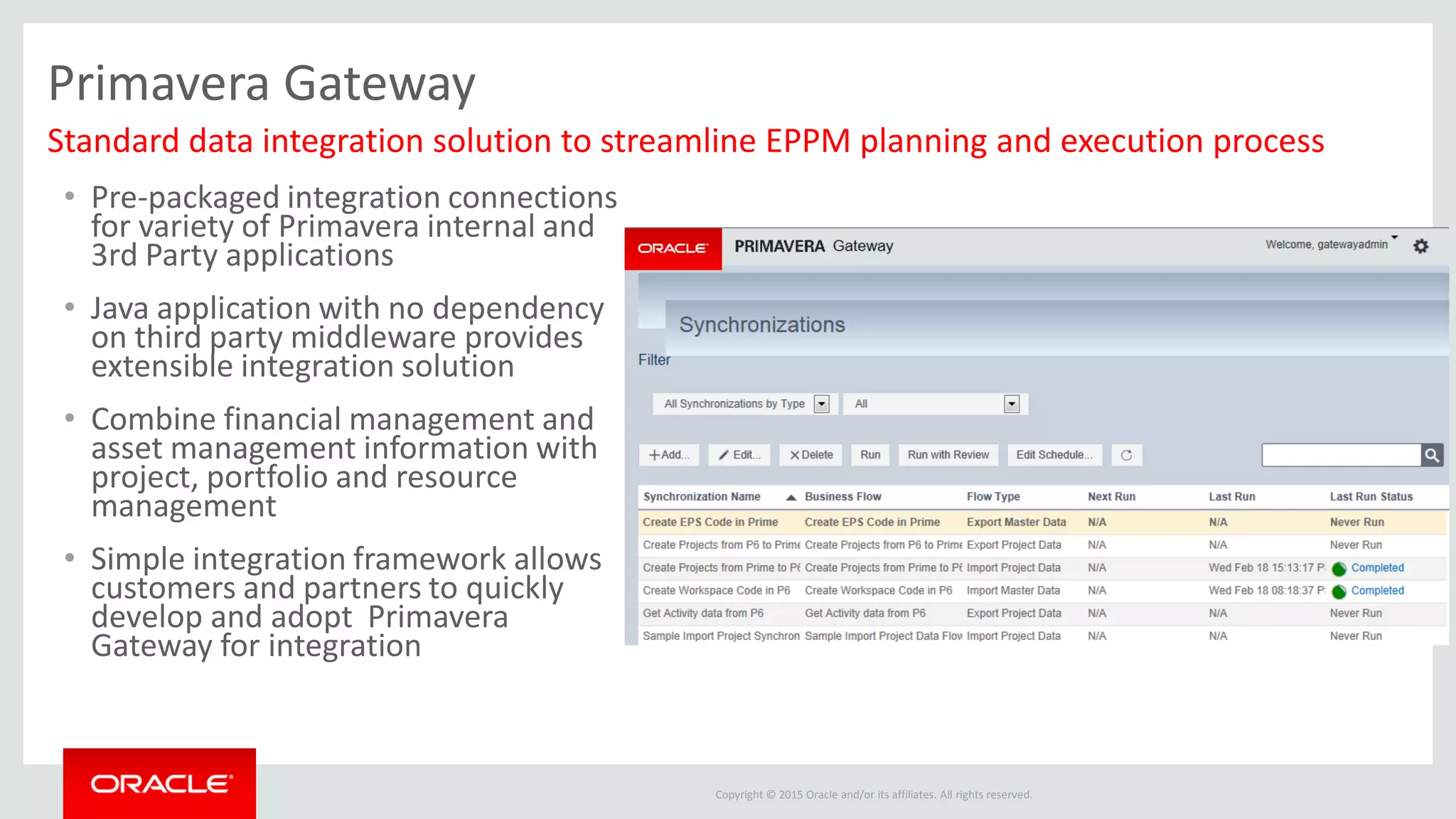 Copyright © 2015 Oracle and/or its affiliates. All rights reserved.
Primavera Gateway
• Pre-packaged integration connections
for variety of Primavera internal and
3rd Party applications
• Java application with no dependency
on third party middleware provides
extensible integration solution
• Combine financial management and
asset management information with
project, portfolio and resource
management
• Simple integration framework allows
customers and partners to quickly
develop and adopt Primavera
Gateway for integration
Standard data integration solution to streamline EPPM planning and execution process
 