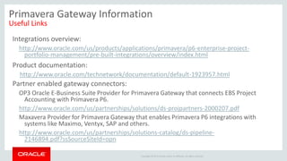 Copyright © 2015 Oracle and/or its affiliates. All rights reserved.
Primavera Gateway Information
Useful Links
Integrations overview:
http://www.oracle.com/us/products/applications/primavera/p6-enterprise-project-
portfolio-management/pre-built-integrations/overview/index.html
Product documentation:
http://www.oracle.com/technetwork/documentation/default-1923957.html
Partner enabled gateway connectors:
OP3 Oracle E-Business Suite Provider for Primavera Gateway that connects EBS Project
Accounting with Primavera P6.
http://www.oracle.com/us/partnerships/solutions/ds-projpartners-2000207.pdf
Maxavera Provider for Primavera Gateway that enables Primavera P6 integrations with
systems like Maximo, Ventyx, SAP and others.
http://www.oracle.com/us/partnerships/solutions-catalog/ds-pipeline-
2146894.pdf?ssSourceSiteId=opn
 