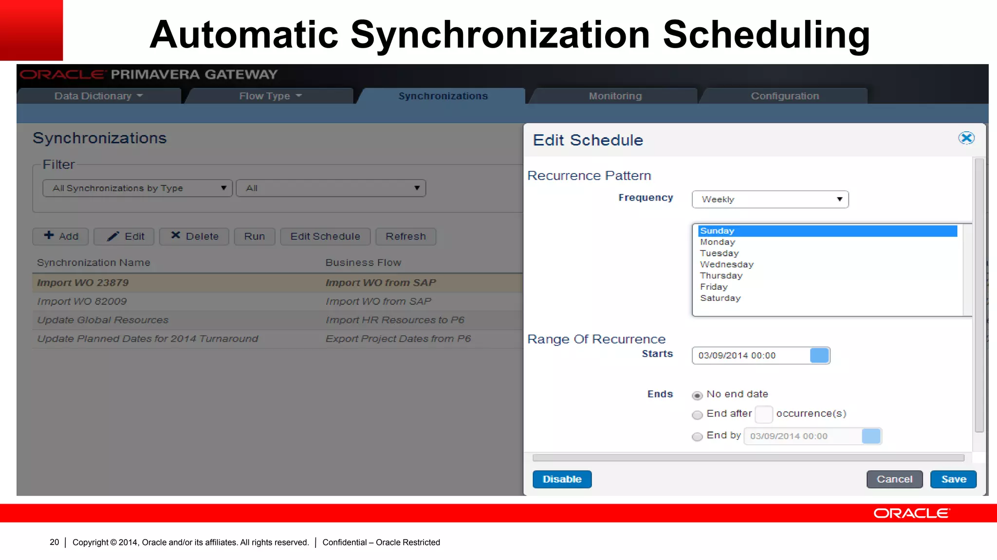Copyright © 2014, Oracle and/or its affiliates. All rights reserved. Confidential – Oracle Restricted20
Automatic Synchronization Scheduling
 