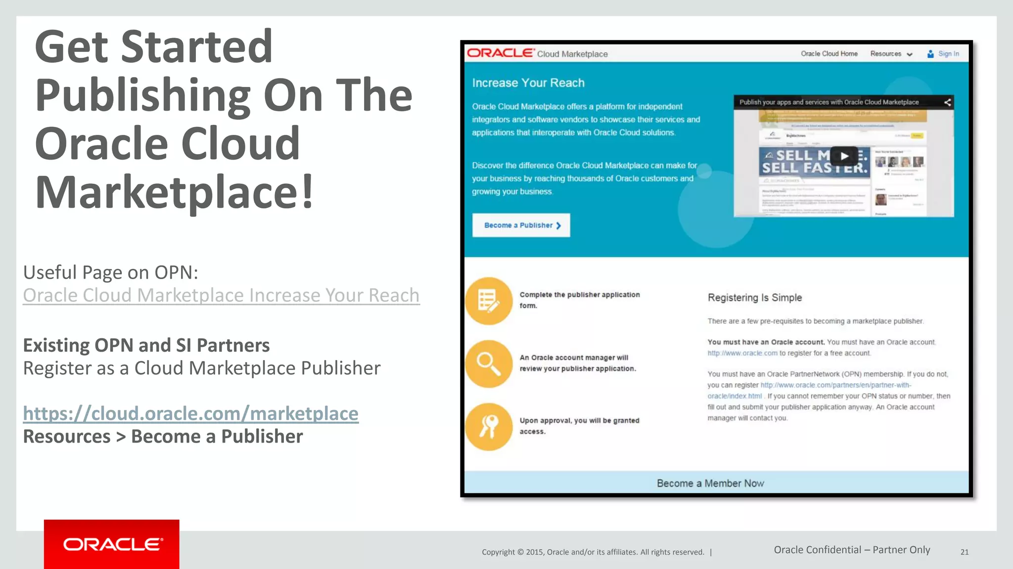 Copyright © 2015, Oracle and/or its affiliates. All rights reserved. |
Get Started
Publishing On The
Oracle Cloud
Marketplace!
Useful Page on OPN:
Oracle Cloud Marketplace Increase Your Reach
Existing OPN and SI Partners
Register as a Cloud Marketplace Publisher
https://cloud.oracle.com/marketplace
Resources > Become a Publisher
21Oracle Confidential – Partner Only
 
