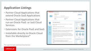 Copyright © 2015, Oracle and/or its affiliates. All rights reserved. |
• Partner Cloud Applications that
extend Oracle SaaS Applications
• Partner Cloud Applications that
run-on Oracle PaaS or IaaS Cloud
Services
• Extensions for Oracle PaaS and SaaS
• Installable directly to Oracle Cloud
from the Marketplace*
17
Application Listings
*for supported apps and Oracle Cloud Services
Oracle Confidential – Partner Only
 