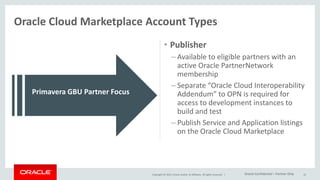 Copyright © 2015, Oracle and/or its affiliates. All rights reserved. |
• Developer
– Account signup includes acceptance of
the “Oracle Cloud Interoperability
Agreement”
– Agreement covers the integration
development between any Oracle
Public Cloud Services and the identified
partner applications or solutions
(Partner Cloud Services)
– Request access to development
instances to build and test
• Publisher
– Available to eligible partners with an
active Oracle PartnerNetwork
membership
– Separate “Oracle Cloud Interoperability
Addendum” to OPN is required for
access to development instances to
build and test
– Publish Service and Application listings
on the Oracle Cloud Marketplace
22
Oracle Cloud Marketplace Account Types
Partners must join OPN to convert from a Developer
Account to a Publisher Account
Primavera GBU Partner Focus
Oracle Confidential – Partner Only
 