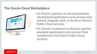 Copyright © 2015, Oracle and/or its affiliates. All rights reserved. |
The Oracle Cloud Marketplace
6
• for Oracle’s partners to list and promote
cloud based applications and services that
extend, integrate with, or build on Oracles
Public Cloud services
• for Oracle’s customers to discover partner
provided applications and services that
complement the Oracle Public Cloud
services
Oracle Confidential – Partner Only
 