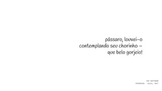 pássaro, louvei-o
contemplando seu chorinho –
que belo gorjeio!
EDU HOFFMANN
PRIMAVERA - haiku, 2017
 