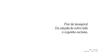Flor de laranjeira!
Da calçada do outro lado
o ceguinho exclama.
MÁRIO ZAMATARO
PRIMAVERA - haiku, 2017
 