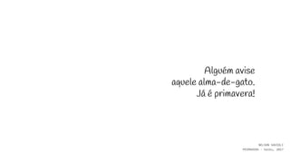 Alguém avise
aquele alma-de-gato.
Já é primavera!
NELSON SAVIOLI
PRIMAVERA - haiku, 2017
 