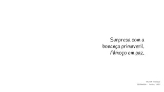 Surpresa com a
bonança primaveril.
Almoço em paz.
NELSON SAVIOLI
PRIMAVERA - haiku, 2017
 