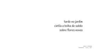 tarde no jardim
cintila a bolha de sabão
sobre flores novas
VANICE ZIMERMAN
PRIMAVERA - haiku, 2017
 