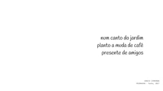 num canto do jardim
planto a muda de café
presente de amigos​
VANICE ZIMERMAN
PRIMAVERA - haiku, 2017
 