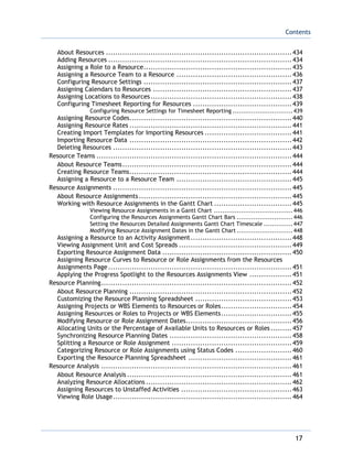 Contents
17
About Resources ...............................................................................434
Adding Resources ..............................................................................434
Assigning a Role to a Resource...............................................................435
Assigning a Resource Team to a Resource .................................................436
Configuring Resource Settings ...............................................................437
Assigning Calendars to Resources ...........................................................437
Assigning Locations to Resources............................................................438
Configuring Timesheet Reporting for Resources ..........................................439
Configuring Resource Settings for Timesheet Reporting .............................439
Assigning Resource Codes.....................................................................440
Assigning Resource Rates .....................................................................441
Creating Import Templates for Importing Resources .....................................441
Importing Resource Data .....................................................................442
Deleting Resources ............................................................................443
Resource Teams ...................................................................................444
About Resource Teams........................................................................444
Creating Resource Teams.....................................................................444
Assigning a Resource to a Resource Team .................................................445
Resource Assignments ............................................................................445
About Resource Assignments.................................................................445
Working with Resource Assignments in the Gantt Chart .................................445
Viewing Resource Assignments in a Gantt Chart ......................................446
Configuring the Resources Assignments Gantt Chart Bars ...........................446
Setting the Resources Detailed Assignments Gantt Chart Timescale ..............447
Modifying Resource Assignment Dates in the Gantt Chart ...........................448
Assigning a Resource to an Activity Assignment...........................................448
Viewing Assignment Unit and Cost Spreads ................................................449
Exporting Resource Assignment Data .......................................................450
Assigning Resource Curves to Resource or Role Assignments from the Resources
Assignments Page ..............................................................................451
Applying the Progress Spotlight to the Resources Assignments View ..................451
Resource Planning.................................................................................452
About Resource Planning .....................................................................452
Customizing the Resource Planning Spreadsheet .........................................453
Assigning Projects or WBS Elements to Resources or Roles..............................454
Assigning Resources or Roles to Projects or WBS Elements..............................455
Modifying Resource or Role Assignment Dates.............................................456
Allocating Units or the Percentage of Available Units to Resources or Roles .........457
Synchronizing Resource Planning Dates ....................................................458
Splitting a Resource or Role Assignment ...................................................459
Categorizing Resource or Role Assignments using Status Codes ........................460
Exporting the Resource Planning Spreadsheet ............................................461
Resource Analysis .................................................................................461
About Resource Analysis ......................................................................461
Analyzing Resource Allocations ..............................................................462
Assigning Resources to Unstaffed Activities ...............................................463
Viewing Role Usage............................................................................464
 