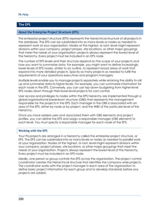 P6 Help
200
The EPS
About the Enterprise Project Structure (EPS)
The enterprise project structure (EPS) represents the hierarchical structure of all projects in
the database. The EPS can be subdivided into as many levels or nodes as needed to
represent work at your organization. Nodes at the highest, or root, level might represent
divisions within your company, project phases, site locations, or other major groupings
that meet the needs of your organization; projects always represent the lowest level of
the hierarchy. Every project must be included in an EPS node.
The number of EPS levels and their structure depend on the scope of your projects and
how you want to summarize data. For example, you might want to define increasingly
lower levels of EPS nodes, similar to an outline, to represent broad areas of work that
expand into more detailed projects. Specify as many projects as needed to fulfill the
requirements of your operations executives and program managers.
Multiple levels enable you to manage projects separately while retaining the ability to roll
up and summarize data to higher levels. For example, you can summarize information for
each node in the EPS. Conversely, you can use top-down budgeting from higher-level
EPS nodes down through their lower-level projects for cost control.
User access and privileges to nodes within the EPS hierarchy are implemented through a
global organizational breakdown structure (OBS) that represents the management
responsible for the projects in the EPS. Each manager in the OBS is associated with an
area of the EPS, either by node or by project, and the WBS of the particular level of the
hierarchy.
Once you have added users and associated them with OBS elements and project
profiles, you can define the EPS and assign a responsible manager (OBS element) to
each level. You must specify a responsible manager for each node of the EPS.
Working with the EPS
Your P6 projects are arranged in a hierarchy called the enterprise project structure, or
EPS. The EPS can be subdivided into as many levels or nodes as needed to parallel work
at your organization. Nodes at the highest, or root, level might represent divisions within
your company, project phases, site locations, or other major groupings that meet the
needs of your organization. Projects always represent the lowest level of the hierarchy.
Every project must be included in an EPS node.
Ideally, one person or group controls the EPS across the organization. The project control
coordinator creates the hierarchical structure that identifies the company-wide projects.
The coordinator works with the project manager in each area of the organization to
define basic project information for each group and to develop standards before any
projects are added.
 