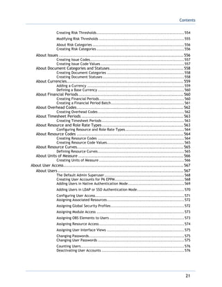 Contents
21
Creating Risk Thresholds...................................................................554
Modifying Risk Thresholds .................................................................555
About Risk Categories ......................................................................556
Creating Risk Categories ...................................................................556
About Issues ....................................................................................556
Creating Issue Codes........................................................................557
Creating Issue Code Values................................................................557
About Document Categories and Statuses..................................................558
Creating Document Categories ...........................................................558
Creating Document Statuses ..............................................................558
About Currencies...............................................................................559
Adding a Currency ..........................................................................559
Defining a Base Currency ..................................................................560
About Financial Periods.......................................................................560
Creating Financial Periods.................................................................560
Creating a Financial Period Batch........................................................561
About Overhead Codes........................................................................562
Creating Overhead Codes..................................................................562
About Timesheet Periods .....................................................................563
Creating Timesheet Periods ...............................................................563
About Resource and Role Rate Types .......................................................563
Configuring Resource and Role Rate Types.............................................564
About Resource Codes ........................................................................564
Creating Resource Codes ..................................................................564
Creating Resource Code Values...........................................................565
About Resource Curves........................................................................565
Defining Resource Curves..................................................................565
About Units of Measure .......................................................................566
Creating Units of Measure .................................................................566
About User Access.................................................................................567
About Users.....................................................................................567
The Default Admin Superuser.............................................................568
Creating User Accounts for P6 EPPM.....................................................568
Adding Users in Native Authentication Mode...........................................569
Adding Users in LDAP or SSO Authentication Mode....................................570
Configuring User Access....................................................................571
Assigning Associated Resources...........................................................572
Assigning Global Security Profiles ........................................................572
Assigning Module Access ...................................................................573
Assigning OBS Elements to Users .........................................................573
Assigning Resource Access.................................................................574
Assigning User Interface Views ...........................................................575
Changing Passwords.........................................................................575
Changing User Passwords ..................................................................575
Counting Users...............................................................................576
Deactivating User Accounts ...............................................................576
 