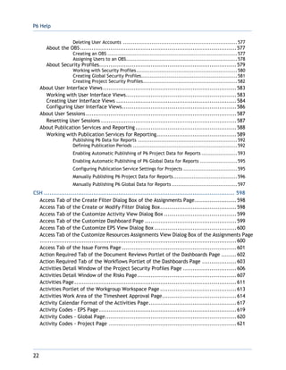 P6 Help
22
Deleting User Accounts ....................................................................577
About the OBS..................................................................................577
Creating an OBS .............................................................................577
Assigning Users to an OBS..................................................................578
About Security Profiles........................................................................579
Working with Security Profiles............................................................580
Creating Global Security Profiles.........................................................581
Creating Project Security Profiles........................................................582
About User Interface Views......................................................................583
Working with User Interface Views..........................................................583
Creating User Interface Views ...............................................................584
Configuring User Interface Views............................................................586
About User Sessions...............................................................................587
Resetting User Sessions .......................................................................587
About Publication Services and Reporting.....................................................588
Working with Publication Services for Reporting..........................................589
Publishing P6 Data for Reports ...........................................................592
Defining Publication Periods ..............................................................592
Enabling Automatic Publishing of P6 Project Data for Reports .....................593
Enabling Automatic Publishing of P6 Global Data for Reports ......................595
Configuring Publication Service Settings for Projects ................................595
Manually Publishing P6 Project Data for Reports......................................596
Manually Publishing P6 Global Data for Reports .......................................597
CSH .................................................................................................... 598
Access Tab of the Create Filter Dialog Box of the Assignments Page......................598
Access Tab of the Create or Modify Filter Dialog Box........................................598
Access Tab of the Customize Activity View Dialog Box ......................................599
Access Tab of the Customize Dashboard Page ................................................599
Access Tab of the Customize EPS View Dialog Box ...........................................600
Access Tab of the Customize Resources Assignments View Dialog Box of the Assignments Page
.......................................................................................................600
Access Tab of the Issue Forms Page ............................................................601
Action Required Tab of the Document Reviews Portlet of the Dashboards Page ........602
Action Required Tab of the Workflows Portlet of the Dashboards Page ..................603
Activities Detail Window of the Project Security Profiles Page ............................606
Activities Detail Window of the Risks Page....................................................607
Activities Page.....................................................................................611
Activities Portlet of the Workgroup Workspace Page ........................................613
Activities Work Area of the Timesheet Approval Page.......................................614
Activity Calendar Format of the Activities Page..............................................617
Activity Codes - EPS Page ........................................................................619
Activity Codes - Global Page.....................................................................620
Activity Codes - Project Page ...................................................................621
 