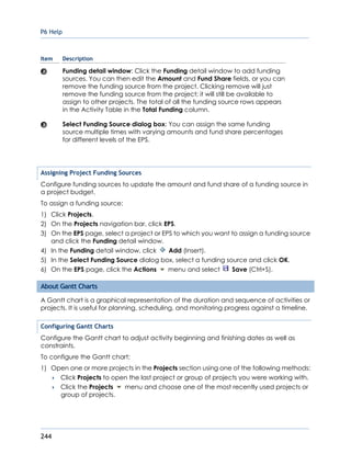 P6 Help
244
Item Description
Funding detail window: Click the Funding detail window to add funding
sources. You can then edit the Amount and Fund Share fields, or you can
remove the funding source from the project. Clicking remove will just
remove the funding source from the project; it will still be available to
assign to other projects. The total of all the funding source rows appears
in the Activity Table in the Total Funding column.
Select Funding Source dialog box: You can assign the same funding
source multiple times with varying amounts and fund share percentages
for different levels of the EPS.
Assigning Project Funding Sources
Configure funding sources to update the amount and fund share of a funding source in
a project budget.
To assign a funding source:
1) Click Projects.
2) On the Projects navigation bar, click EPS.
3) On the EPS page, select a project or EPS to which you want to assign a funding source
and click the Funding detail window.
4) In the Funding detail window, click Add (Insert).
5) In the Select Funding Source dialog box, select a funding source and click OK.
6) On the EPS page, click the Actions menu and select Save (Ctrl+S).
About Gantt Charts
A Gantt chart is a graphical representation of the duration and sequence of activities or
projects. It is useful for planning, scheduling, and monitoring progress against a timeline.
Configuring Gantt Charts
Configure the Gantt chart to adjust activity beginning and finishing dates as well as
constraints.
To configure the Gantt chart:
1) Open one or more projects in the Projects section using one of the following methods:
 Click Projects to open the last project or group of projects you were working with.
 Click the Projects menu and choose one of the most recently used projects or
group of projects.
 