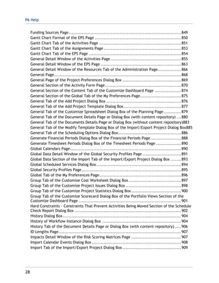 P6 Help
28
Funding Sources Page.............................................................................849
Gantt Chart Format of the EPS Page ...........................................................850
Gantt Chart Tab of the Activities Page ........................................................851
Gantt Chart Tab of the Assignments Page .....................................................853
Gantt Chart Tab of the EPS Page ...............................................................854
General Detail Window of the Activities Page ................................................855
General Detail Window of the EPS Page .......................................................863
General Detail Window of the Resources Tab of the Administration Page................866
General Page.......................................................................................868
General Page of the Project Preferences Dialog Box ........................................869
General Section of the Activity Form Page....................................................870
General Section of the Content Tab of the Customize Dashboard Page ..................874
General Section of the Global Tab of the My Preferences Page............................875
General Tab of the Add Project Dialog Box ...................................................876
General Tab of the Add Project Template Dialog Box .......................................877
General Tab of the Customize Spreadsheet Dialog Box of the Planning Page............879
General Tab of the Document Details Page or Dialog Box (with content repository) ...880
General Tab of the Documents Details Page or Dialog Box (without content repository)883
General Tab of the Modify Template Dialog Box of the Import/Export Project Dialog Box885
General Tab of the Scheduling Options Dialog Box...........................................886
Generate Financial Periods Dialog Box of the Financial Periods Page.....................888
Generate Timesheet Periods Dialog Box of the Timesheet Periods Page .................890
Global Calendars Page............................................................................890
Global Data Detail Window of the Global Security Profiles Page ..........................891
Global Data Section of the Import Tab of the Import/Export Project Dialog Box .......893
Global Scheduled Services Dialog Box..........................................................894
Global Security Profiles Page....................................................................895
Global Tab of the My Preferences Page........................................................896
Group Tab of the Customize Cost Worksheet Dialog Box....................................897
Group Tab of the Customize Project Issues Dialog Box......................................898
Group Tab of the Customize Project Statistics Dialog Box..................................900
Group Tab of the Customize Scorecard Dialog Box of the Portfolio Views Section of the
Customize Dashboard Page ......................................................................901
Hard Constraints - Constraints That Prevent Activities Being Moved Section of the Schedule
Check Report Dialog Box .........................................................................902
History Dialog Box.................................................................................904
History of Workflow Instance Dialog Box ......................................................904
History Tab of the Document Details Page or Dialog Box (with content repository) ....906
ID Lengths Page....................................................................................907
Impacts Detail Window of the Risk Scoring Matrices Page ..................................907
Import Calendar Events Dialog Box .............................................................908
Import Tab of the Import/Export Project Dialog Box ........................................909
 