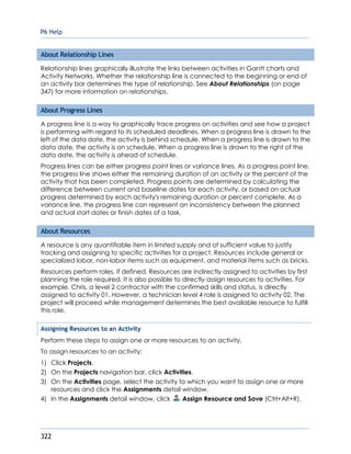 P6 Help
322
About Relationship Lines
Relationship lines graphically illustrate the links between activities in Gantt charts and
Activity Networks. Whether the relationship line is connected to the beginning or end of
an activity bar determines the type of relationship. See About Relationships (on page
347) for more information on relationships.
About Progress Lines
A progress line is a way to graphically trace progress on activities and see how a project
is performing with regard to its scheduled deadlines. When a progress line is drawn to the
left of the data date, the activity is behind schedule. When a progress line is drawn to the
data date, the activity is on schedule. When a progress line is drawn to the right of the
data date, the activity is ahead of schedule.
Progress lines can be either progress point lines or variance lines. As a progress point line,
the progress line shows either the remaining duration of an activity or the percent of the
activity that has been completed. Progress points are determined by calculating the
difference between current and baseline dates for each activity, or based on actual
progress determined by each activity's remaining duration or percent complete. As a
variance line, the progress line can represent an inconsistency between the planned
and actual start dates or finish dates of a task.
About Resources
A resource is any quantifiable item in limited supply and of sufficient value to justify
tracking and assigning to specific activities for a project. Resources include general or
specialized labor, non-labor items such as equipment, and material items such as bricks.
Resources perform roles, if defined. Resources are indirectly assigned to activities by first
planning the role required. It is also possible to directly assign resources to activities. For
example, Chris, a level 2 contractor with the confirmed skills and status, is directly
assigned to activity 01. However, a technician level 4 role is assigned to activity 02. The
project will proceed while management determines the best available resource to fulfill
this role.
Assigning Resources to an Activity
Perform these steps to assign one or more resources to an activity.
To assign resources to an activity:
1) Click Projects.
2) On the Projects navigation bar, click Activities.
3) On the Activities page, select the activity to which you want to assign one or more
resources and click the Assignments detail window.
4) In the Assignments detail window, click Assign Resource and Save (Ctrl+Alt+R).
 