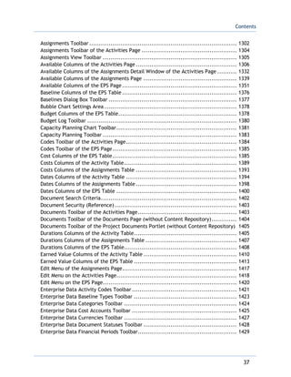 Contents
37
Assignments Toolbar ............................................................................ 1302
Assignments Toolbar of the Activities Page ................................................. 1304
Assignments View Toolbar ..................................................................... 1305
Available Columns of the Activities Page .................................................... 1306
Available Columns of the Assignments Detail Window of the Activities Page .......... 1332
Available Columns of the Assignments Page ................................................ 1339
Available Columns of the EPS Page ........................................................... 1351
Baseline Columns of the EPS Table ........................................................... 1376
Baselines Dialog Box Toolbar .................................................................. 1377
Bubble Chart Settings Area .................................................................... 1378
Budget Columns of the EPS Table............................................................. 1378
Budget Log Toolbar ............................................................................. 1380
Capacity Planning Chart Toolbar.............................................................. 1381
Capacity Planning Toolbar ..................................................................... 1383
Codes Toolbar of the Activities Page......................................................... 1384
Codes Toolbar of the EPS Page................................................................ 1385
Cost Columns of the EPS Table................................................................ 1385
Costs Columns of the Activity Table.......................................................... 1389
Costs Columns of the Assignments Table .................................................... 1393
Dates Columns of the Activity Table ......................................................... 1394
Dates Columns of the Assignments Table.................................................... 1398
Dates Columns of the EPS Table .............................................................. 1400
Document Search Criteria...................................................................... 1402
Document Security (Reference)............................................................... 1403
Documents Toolbar of the Activities Page................................................... 1403
Documents Toolbar of the Documents Page (without Content Repository)............. 1404
Documents Toolbar of the Project Documents Portlet (without Content Repository) 1405
Durations Columns of the Activity Table..................................................... 1405
Durations Columns of the Assignments Table ............................................... 1407
Durations Columns of the EPS Table.......................................................... 1408
Earned Value Columns of the Activity Table ................................................ 1410
Earned Value Columns of the EPS Table ..................................................... 1413
Edit Menu of the Assignments Page........................................................... 1417
Edit Menu on the Activities Page.............................................................. 1418
Edit Menu on the EPS Page..................................................................... 1420
Enterprise Data Activity Codes Toolbar...................................................... 1421
Enterprise Data Baseline Types Toolbar ..................................................... 1423
Enterprise Data Categories Toolbar .......................................................... 1424
Enterprise Data Cost Accounts Toolbar ...................................................... 1425
Enterprise Data Currencies Toolbar .......................................................... 1427
Enterprise Data Document Statuses Toolbar ................................................ 1428
Enterprise Data Financial Periods Toolbar................................................... 1429
 