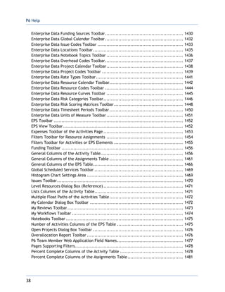 P6 Help
38
Enterprise Data Funding Sources Toolbar.................................................... 1430
Enterprise Data Global Calendar Toolbar.................................................... 1432
Enterprise Data Issue Codes Toolbar ......................................................... 1433
Enterprise Data Locations Toolbar............................................................ 1435
Enterprise Data Notebook Topics Toolbar ................................................... 1436
Enterprise Data Overhead Codes Toolbar.................................................... 1437
Enterprise Data Project Calendar Toolbar................................................... 1438
Enterprise Data Project Codes Toolbar ...................................................... 1439
Enterprise Data Rate Types Toolbar.......................................................... 1441
Enterprise Data Resource Calendar Toolbar................................................. 1442
Enterprise Data Resource Codes Toolbar .................................................... 1444
Enterprise Data Resource Curves Toolbar ................................................... 1445
Enterprise Data Risk Categories Toolbar..................................................... 1446
Enterprise Data Risk Scoring Matrices Toolbar.............................................. 1448
Enterprise Data Timesheet Periods Toolbar................................................. 1450
Enterprise Data Units of Measure Toolbar ................................................... 1451
EPS Toolbar ...................................................................................... 1452
EPS View Toolbar................................................................................ 1452
Expenses Toolbar of the Activities Page ..................................................... 1453
Filters Toolbar for Resource Assignments ................................................... 1454
Filters Toolbar for Activities or EPS Elements .............................................. 1455
Funding Toolbar ................................................................................. 1456
General Columns of the Activity Table....................................................... 1456
General Columns of the Assignments Table ................................................. 1461
General Columns of the EPS Table............................................................ 1466
Global Scheduled Services Toolbar ........................................................... 1469
Histogram Chart Settings Area ................................................................ 1469
Issues Toolbar.................................................................................... 1470
Level Resources Dialog Box (Reference) ..................................................... 1471
Lists Columns of the Activity Table........................................................... 1471
Multiple Float Paths of the Activities Table................................................. 1472
My Calendar Dialog Box Toolbar .............................................................. 1472
My Reviews Toolbar............................................................................. 1473
My Workflows Toolbar .......................................................................... 1474
Notebooks Toolbar .............................................................................. 1475
Number of Activities Columns of the EPS Table ............................................ 1475
Open Projects Dialog Box Toolbar ............................................................ 1476
Overallocation Report Toolbar ................................................................ 1476
P6 Team Member Web Application Field Names............................................ 1477
Pages Supporting Filters........................................................................ 1478
Percent Complete Columns of the Activity Table .......................................... 1478
Percent Complete Columns of the Assignments Table..................................... 1481
 