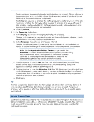 Resources
465
The spreadsheet shows staffed and unstaffed values per project. Click a role name
to see resources who can fulfill that role. Click a project name, if available, to see
the list of activities with the role assignment.
The histogram you use to analyze the staffing requirements for any item in the role
hierarchy, whether the item you select represents one role or a group of roles. It
also enables you to easily identify staffing requirements by role and project, and
shows when a particular role is overloaded.
d. Click Customize.
5) In the Customize dialog box:
a. In the Display list, choose the display format (units or costs).
Choose units to view role use over the selected timescale interval; choose costs to
view how much money is being spent over time.
b. In the Timescale field, choose a timescale interval.
Choose a calendar interval (for example, Month/Week), or choose Financial
Period to display the range of financial periods if financial periods are defined.
Note: Use the Application Settings General page, under the
Administer menu, to set administrative options for summarizing
resource and role data; if the options to summarize data by
calendar or financial period intervals are not selected, the
corresponding timescale options are not available.
c. Choose to show or hide a Limit line. The Limit line shows maximum availability
based on the resource's calendar and Max units/time setting, along with
application settings for hours per time period.
d. Choose to show or hide the Allocation Limit line. This line shows the role's maximum
availability based on Allocated planning values specified in the Resource Planning
spreadsheet. Use this limit line to evaluate whether detailed activity assignments
are in line with what was planned.
e. Click Save.
Tip
The role usage data displayed on the Role Usage tab is based on summary data, so it
reflects values as of the last date the summarizer was run for a project. Assignment
changes within a project after that date will not be reflected until the project is again
summarized.
Viewing Resource Usage
Use the Resource Usage tab to view resource allocation as a histogram (total allocation
across time) or as a spreadsheet (of resource allocation values by project). You can view
totals for an entire resource grouping (role, resource code, or resource team) or for
individual resources.
 