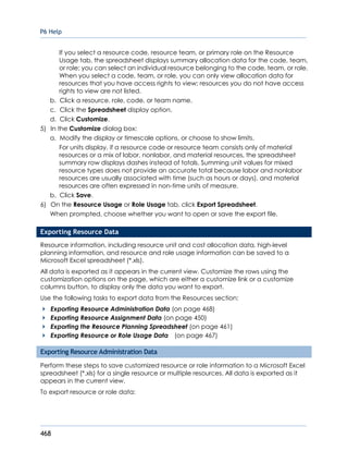 P6 Help
468
If you select a resource code, resource team, or primary role on the Resource
Usage tab, the spreadsheet displays summary allocation data for the code, team,
or role; you can select an individual resource belonging to the code, team, or role.
When you select a code, team, or role, you can only view allocation data for
resources that you have access rights to view; resources you do not have access
rights to view are not listed.
b. Click a resource, role, code, or team name.
c. Click the Spreadsheet display option.
d. Click Customize.
5) In the Customize dialog box:
a. Modify the display or timescale options, or choose to show limits.
For units display, if a resource code or resource team consists only of material
resources or a mix of labor, nonlabor, and material resources, the spreadsheet
summary row displays dashes instead of totals. Summing unit values for mixed
resource types does not provide an accurate total because labor and nonlabor
resources are usually associated with time (such as hours or days), and material
resources are often expressed in non-time units of measure.
b. Click Save.
6) On the Resource Usage or Role Usage tab, click Export Spreadsheet.
When prompted, choose whether you want to open or save the export file.
Exporting Resource Data
Resource information, including resource unit and cost allocation data, high-level
planning information, and resource and role usage information can be saved to a
Microsoft Excel spreadsheet (*.xls).
All data is exported as it appears in the current view. Customize the rows using the
customization options on the page, which are either a customize link or a customize
columns button, to display only the data you want to export.
Use the following tasks to export data from the Resources section:
Exporting Resource Administration Data (on page 468)
Exporting Resource Assignment Data (on page 450)
Exporting the Resource Planning Spreadsheet (on page 461)
Exporting Resource or Role Usage Data (on page 467)
Exporting Resource Administration Data
Perform these steps to save customized resource or role information to a Microsoft Excel
spreadsheet (*.xls) for a single resource or multiple resources. All data is exported as it
appears in the current view.
To export resource or role data:
 