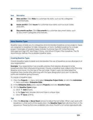 Administration
509
Item Description
Risks section: Click Risks to customize risk data, such as risk categories
and thresholds.
Issues section: Click Issues to customize issue data, such as issue codes
and UDFs.
Documents section: Click Documents to customize document data, such
as document categories and statuses.
About Baseline Types
Baseline types enable you to categorize and standardize baselines across projects. Types
are assigned to baselines to help categorize, or track, multiple baselines for a single
project. Examples of baseline types include: Customer Sign-Off, Initial Planning,
Management Sign-Off, Mid Project Status, and What-If Project Plan baselines. The P6
Administrator defines the available baseline types.
Creating Baseline Types
Create baseline types to label and standardize the use of baselines across all projects at
your organization.
Example: Your organization has a quality process that requires all projects to be
baselined after their initial planning phase. Create a baseline type called Initial Planning
Baseline and move it to the top of the sort order. Project users can later label the
baselines they create after planning with this type designation and use it to identify
particular baselines going forward.
To create a baseline type:
1) Click the Projects menu and select Enterprise Project Data, or click the Administer
menu and select Enterprise Data.
2) In the Enterprise Data pane, expand Projects and click Baseline Types.
3) On the Baseline Types page:
a. Click Add (Insert).
b. In the Type field, double-click and type a unique type.
c. Click Save (Ctrl+S).
Tips
Click the Move Up or Move Down arrows to adjust the sort order. When users work with
baselines in other parts of the application, the Baseline Type field will show them in this
sequence. These buttons are available only when the list is not sorted alphabetically.
 