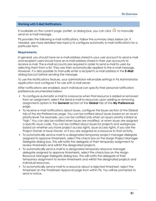 P6 Overview
81
Working with E-Mail Notifications
If available on the current page, portlet, or dialog box, you can click to manually
send an e-mail message.
P6 provides the following e-mail notifications. Follow the summary steps below (or, if
needed, see more detailed task topics) to configure automatic e-mail notifications for a
particular item.
Requirements:
In general, you should have an e-mail address stored in your user account to send e-mail
and recipient users should have an e-mail address stored in their user accounts to
receive e-mail. The e-mail accounts are required in order to send e-mail to users by
selecting them from a list. They are then automatically applied to the e-mail message.
However, it is also possible to manually enter a recipient's e-mail address in the E-Mail
dialog box just before sending the message.
To use the Notifications feature, your administrator will enable settings in P6 Administrator
application and configure it for use with a mail server.
After notifications are enabled, each individual can specify their personal notification
preferences enumerated below:
To configure automatic e-mail to a resource when that resource is added or removed
from an assignment, select the Send e-mail to resources upon adding or removing
assignments option in the General section of the Global tab of the My Preferences
page.
To receive e-mail notifications about issues, configure the Issues section of the Global
tab of the My Preferences page. You can be notified about issues based on an issue's
priority level. For example, you can be notified only when an issue's priority is listed as
"high." You can also be notified when issues are modified, or when issues are assigned
a specific issue code. You can be notified about issues for projects and workgroups
based on whether you have project access rights, issue access rights, if you are the
Project Owner or Issue Owner, or if you are assigned as a resource to that activity.
To automatically send e-mail to a designated temporary project manager delegate
assigned to approve timesheets, select the check box on the Assign Project Manager
Delegate dialog box. This will notify the delegate of their temporary assignment to
review timesheets and will list the designated projects.
To automatically send e-mail to a designated temporary resource manager
delegate assigned to approve timesheets, select the check box on the Assign
Resource Manager Delegate dialog box. This will notify the delegate of their
temporary assignment to review timesheets and will list the designated projects and
individual resources.
To automatically send e-mail to a resource about a rejected timesheet, reject the
timesheet on the TimeSheet Approval page from within P6. You will be prompted to
send a notice.
 