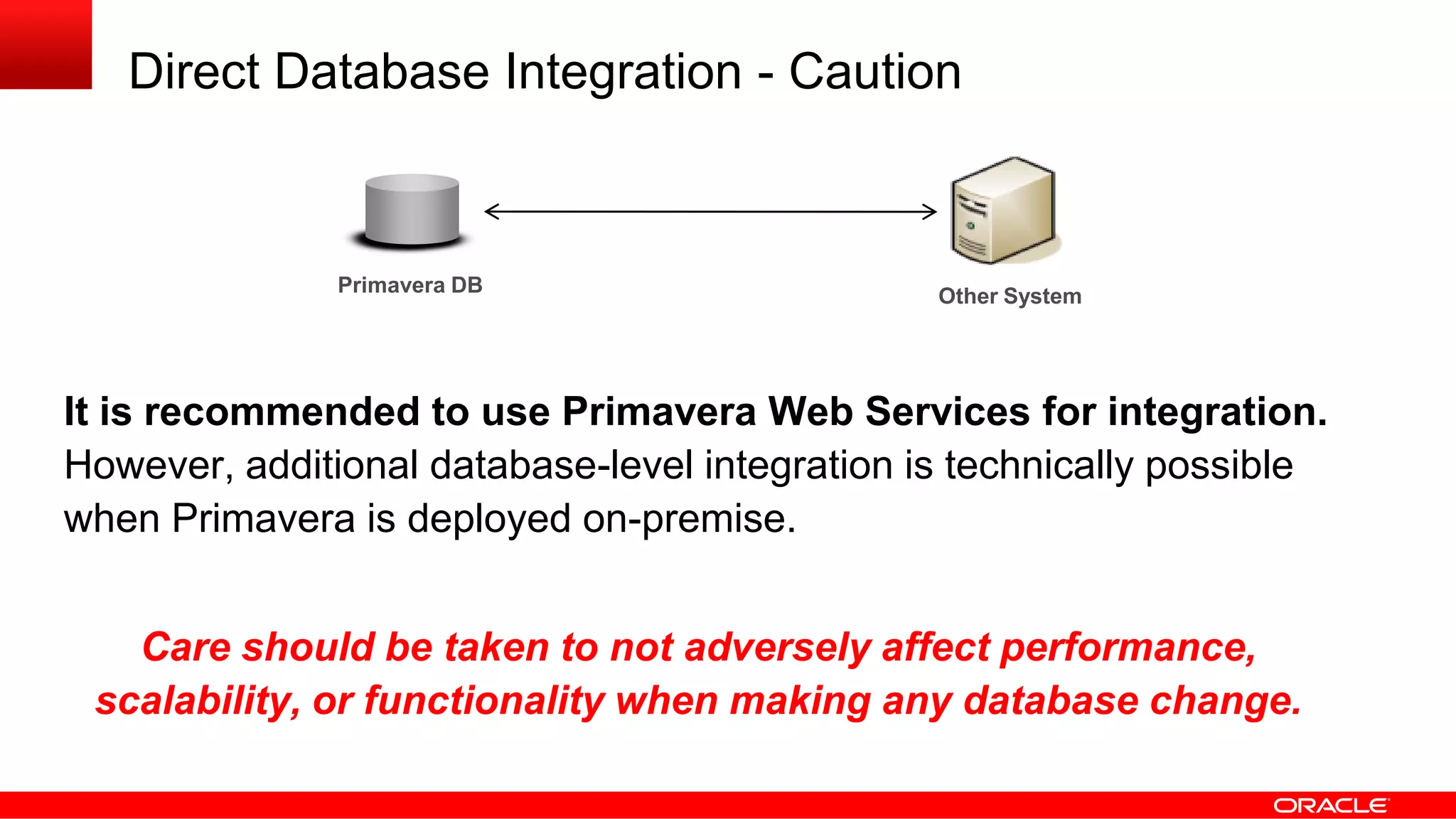Direct Database Integration - Caution
Primavera DB Other System
It is recommended to use Primavera Web Services for integration.
However, additional database-level integration is technically possible
when Primavera is deployed on-premise.
Care should be taken to not adversely affect performance,
scalability, or functionality when making any database change.
 