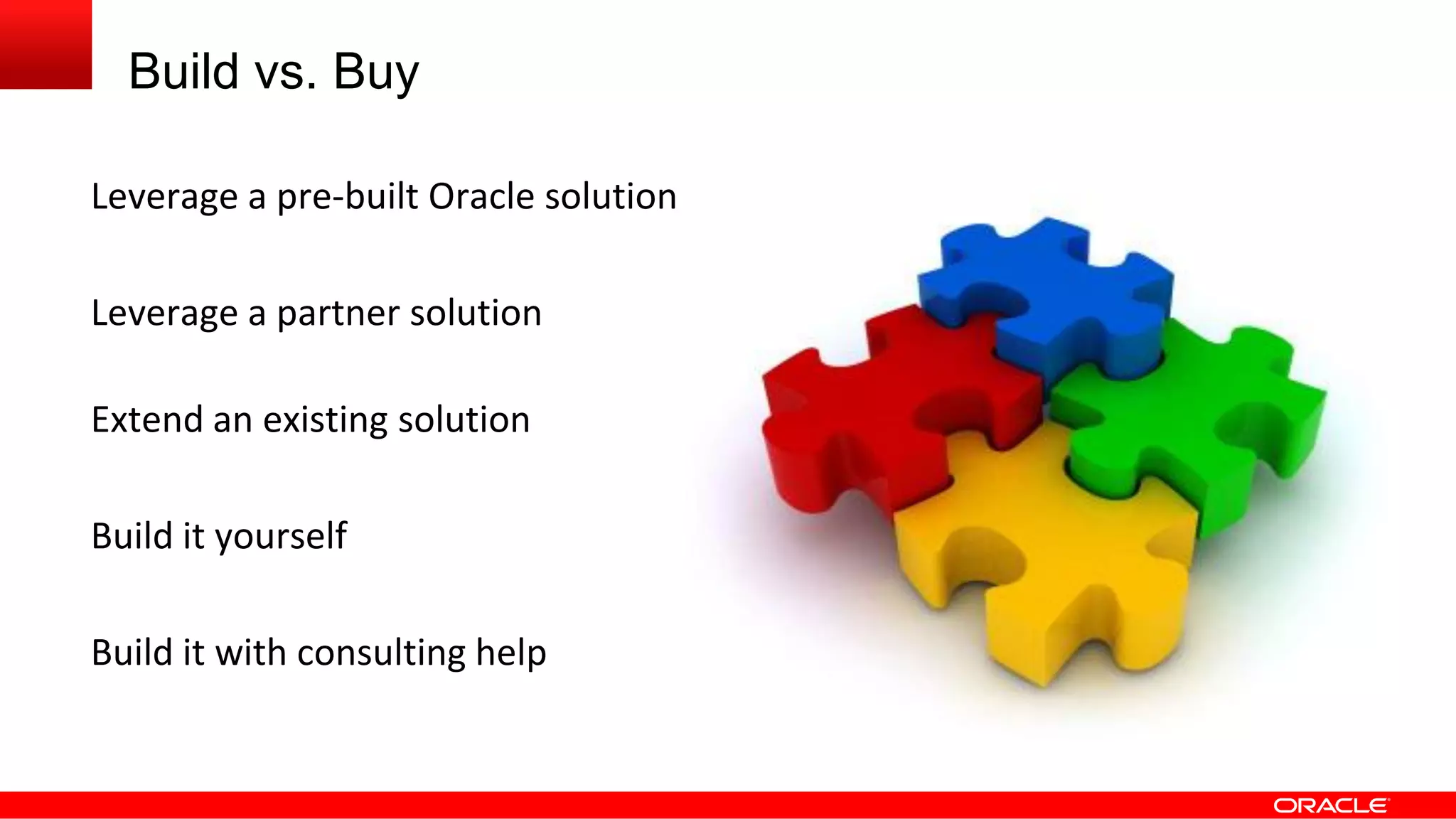 Build vs. Buy
Leverage a pre-built Oracle solution
Leverage a partner solution
Extend an existing solution
Build it yourself
Build it with consulting help
 