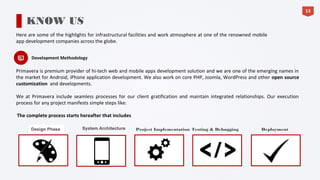Here are some of the highlights for infrastructural facilities and work atmosphere at one of the renowned mobile
app development companies across the globe.
Development Methodology
13
KNOW US
Primavera is premium provider of hi-tech web and mobile apps development solution and we are one of the emerging names in
the market for Android, iPhone application development. We also work on core PHP, Joomla, WordPress and other open source
customization and developments.
We at Primavera include seamless processes for our client gratification and maintain integrated relationships. Our execution
process for any project manifests simple steps like:
Project Implementation Testing & Debugging Deployment
The complete process starts hereafter that includes
 