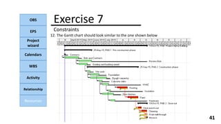 OBS
EPS
Project
wizard
Calendars
WBS
Activity
Relationship
Resources
41
NOTE:
Exercise 7
Constraints
12. The Gantt chart should look similar to the one shown below
 