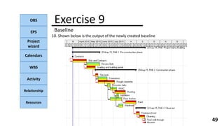 OBS
EPS
Project
wizard
Calendars
WBS
Activity
Relationship
Resources
49
NOTE:
Exercise 9
Baseline
10. Shown below is the output of the newly created baseline
 