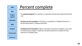 OBS
EPS
Project
wizard
Calendars
WBS
Activity
Relationship
Resources
56
NOTE:
The physical progress of an activity is a manually-entered value determined by the
user.
Duration percent Complete in Primavera is calculated as ( [Original Duration] – [
remaining Duration] ) / [Original Duration]
Schedule Percent Complete Program calculates this percent complete as you start
to schedule your program. it gives you the planned percent complete of each
activity as of schedule date.
Percent complete
 