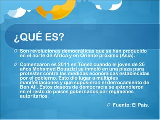 ¿QUÉ ES? <ul><li>Son revoluciones democráticas que se han producido en el norte de África y en Oriente próximo (Asia).  </...