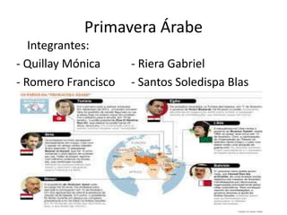 Primavera Árabe
Integrantes:
- Quillay Mónica - Riera Gabriel
- Romero Francisco - Santos Soledispa Blas
 