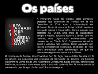 A Primavera Árabe foi iniciada pelos primeiros protestos que ocorreram na Tunísia em 18 de Dezembro de 2010, após a auto-imolação de Mohamed Bouazizi, em uma forma protesto contra a corrupção policial e maus tratos. Com o sucesso dos protestos na Tunísia, uma onda de instabilidade atingiu a Argélia, Jordânia, Egito e o Iêmen, com os maiores, mais organizadas manifestações que ocorrem em um "dia de fúria". Os protestos, de índole social e apoiada pelo exército, foram causados por fatores demográficos estruturais, condições de vida duras promovidas pelo desemprego, ao que se aderem os regimes corruptos e autoritários. O presidente da Tunísia, Zine El Abidine Ben Ali, fugiu para a Arábia Saudita em 14 de janeiro, na sequência dos protestos da Revolução de Jasmim. Os tunisinos elegeram no ultimo dia 23 uma Assembleia Constituinte. Estas eleições, consideradas históricas, ocorreram nove meses após a saída do poder de Ben Ali na sequência de uma revolta popular que pôs fim aos 23 anos do regime. 