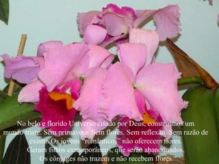 No belo e florido Universo criado por Deus, construímos um
mundo triste. Sem primavera. Sem flores. Sem reflexão. Sem razão de
existir. Os jovens “românticos” não oferecem flores.
Geram filhos extemporâneos, que serão abandonados.
Os cônjuges não trazem e não recebem flores.
 