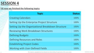 7/6/2018 11:04 PMThis material is copyrighted and not allowed to be shared without the permission of the course owner2
SESSION 4
Topic Status
Creating Calendars 100%
Setting Up the Enterprise Project Structure 100%
Setting Up the Organizational Breakdown Structure 100%
Reviewing Work Breakdown Structures 100%
Defining Budgets 100%
Defining Resources and Roles 100%
Establishing Project Codes 100%
Working with User-Defined Fields 100%
Till now we finished the following topics
 